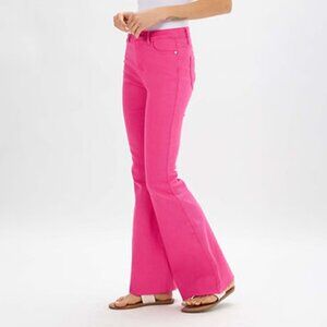 Judy Blue Pink High Rise Flare Jeans Womens Sz 11/30 Raw Hem Bell Bottoms Hippie
